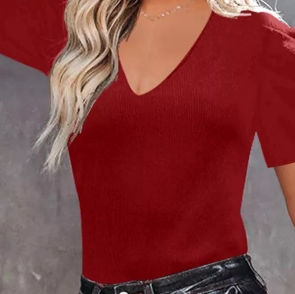 Sz S/P Industry Republic Wine Ribbed Top with Puffed Sleeves - Picture 4 of 7